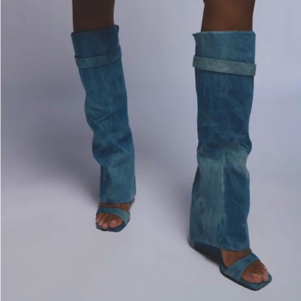 Akira AZALEA WANG MARIETTA FOLD OVER OPEN TOE SANDAL BOOT IN TIE DYE DENIM